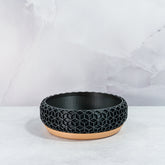 "Front-facing empty HONEYCOMB bowl planter with wood base and detailed carbon fibre pattern."